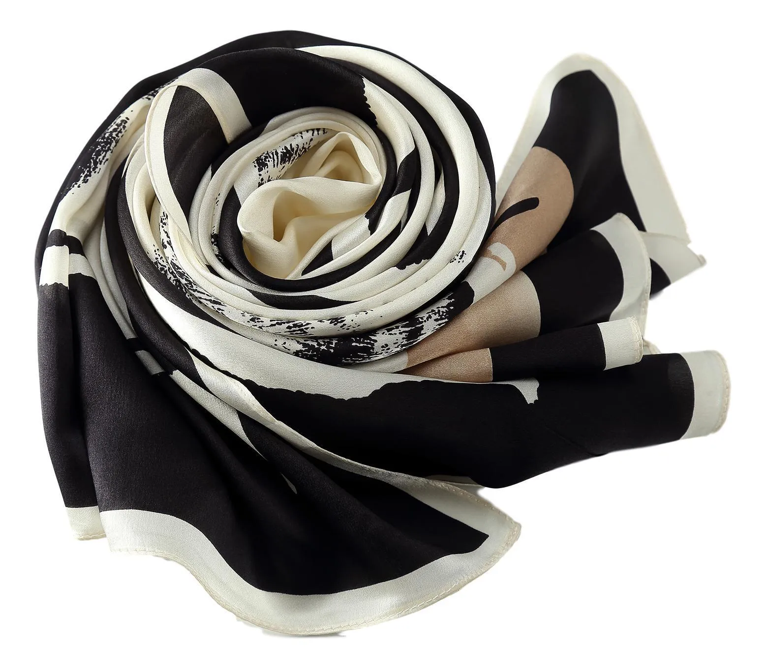 Long Charmeuse Silk Scarf Black and White Abstract Print LZD042