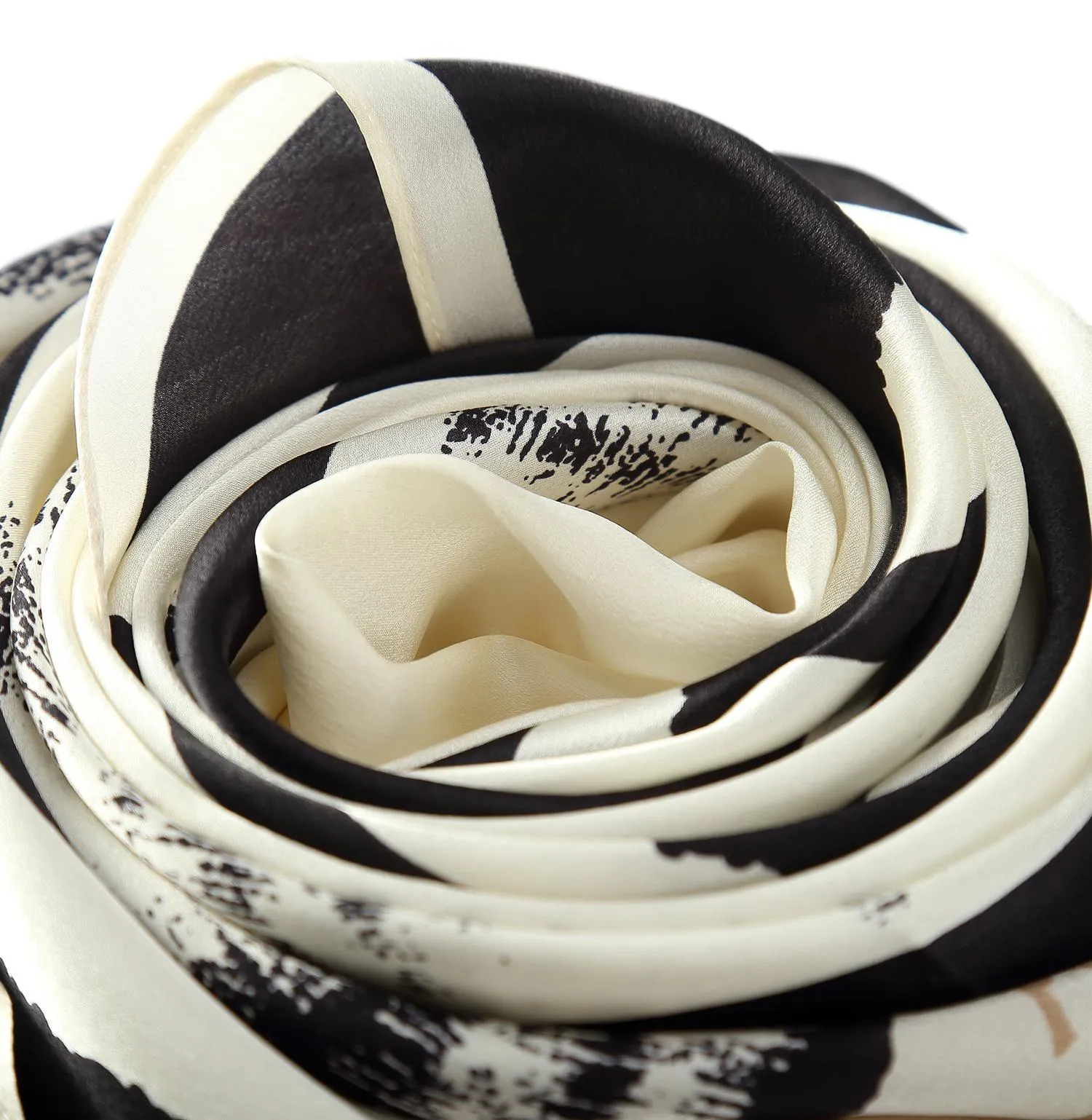 Long Charmeuse Silk Scarf Black and White Abstract Print LZD042