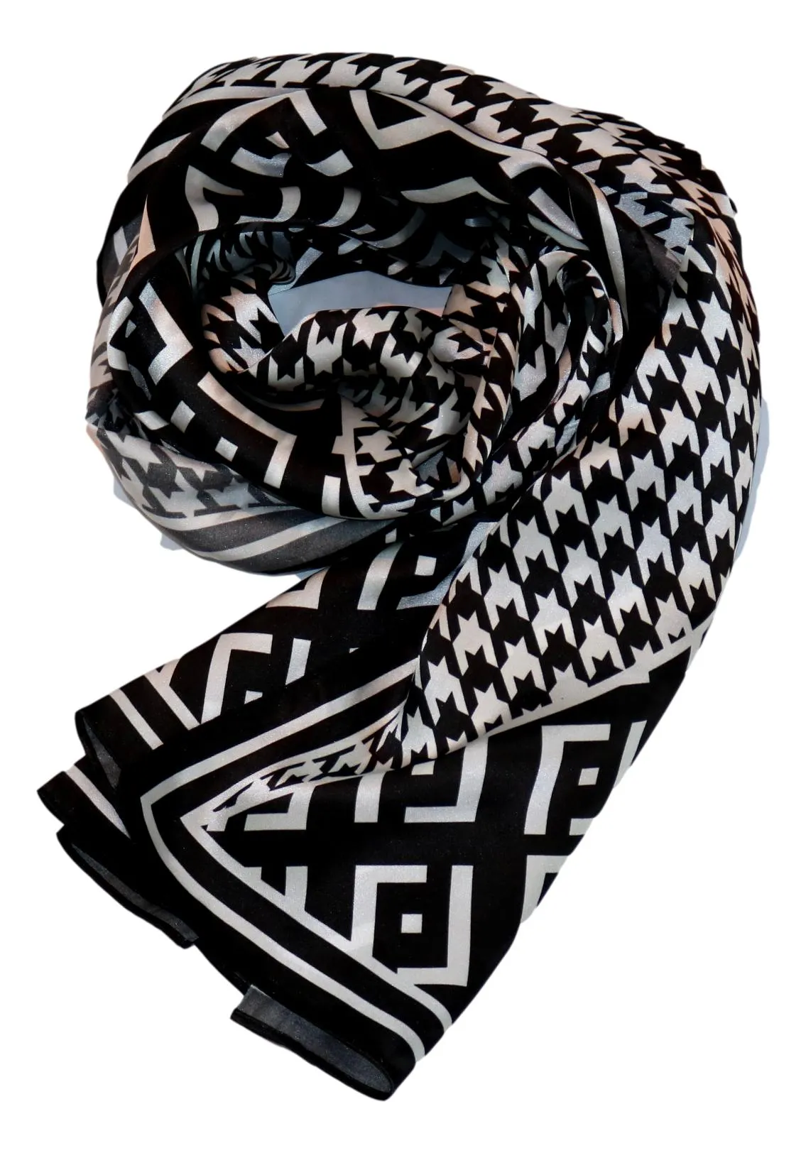 Long Charmeuse Silk Scarf Black and White Swallow Gird Print LZD054