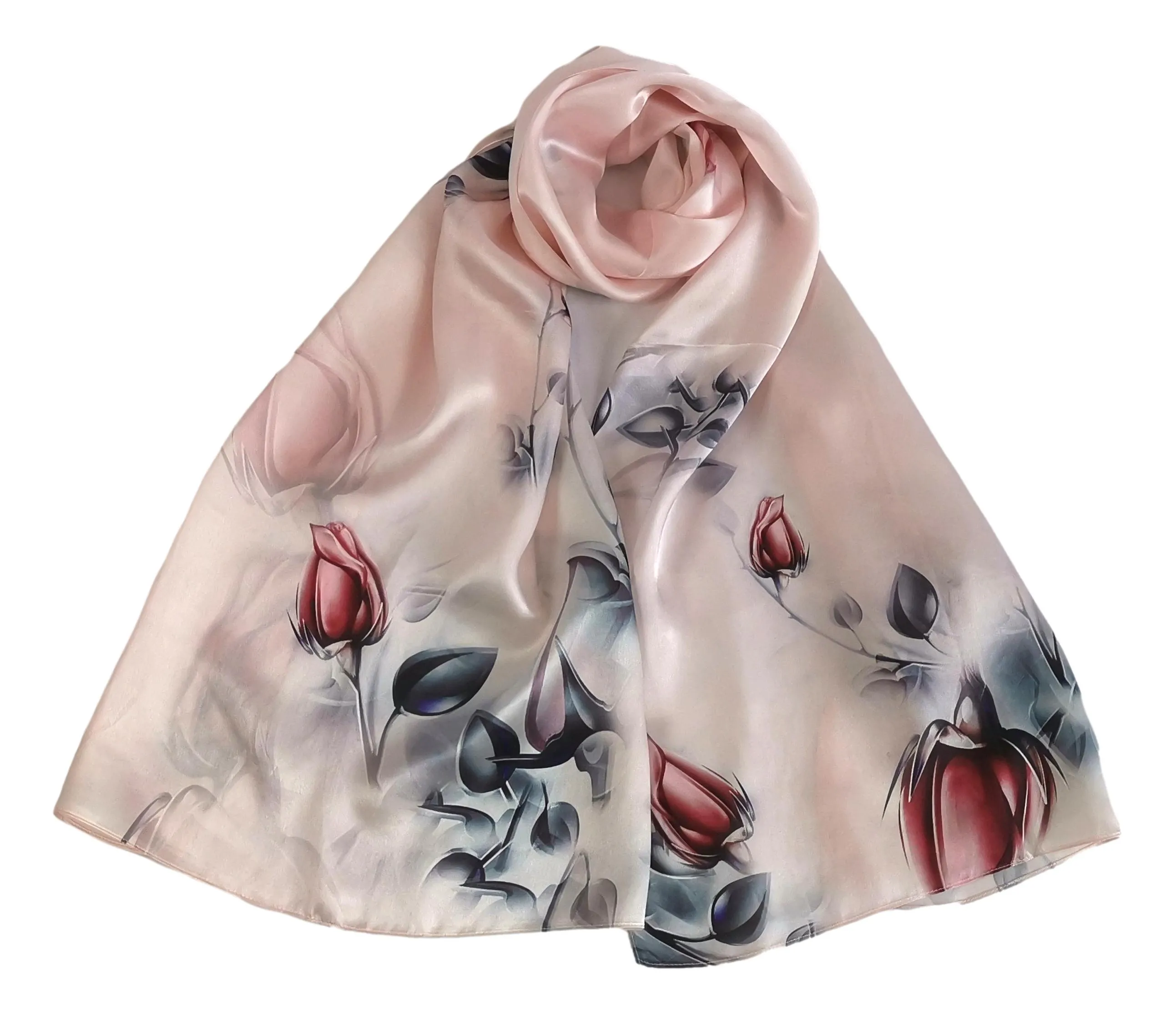 Long Charmeuse Silk Scarf Light Pink Floral Print LZD055