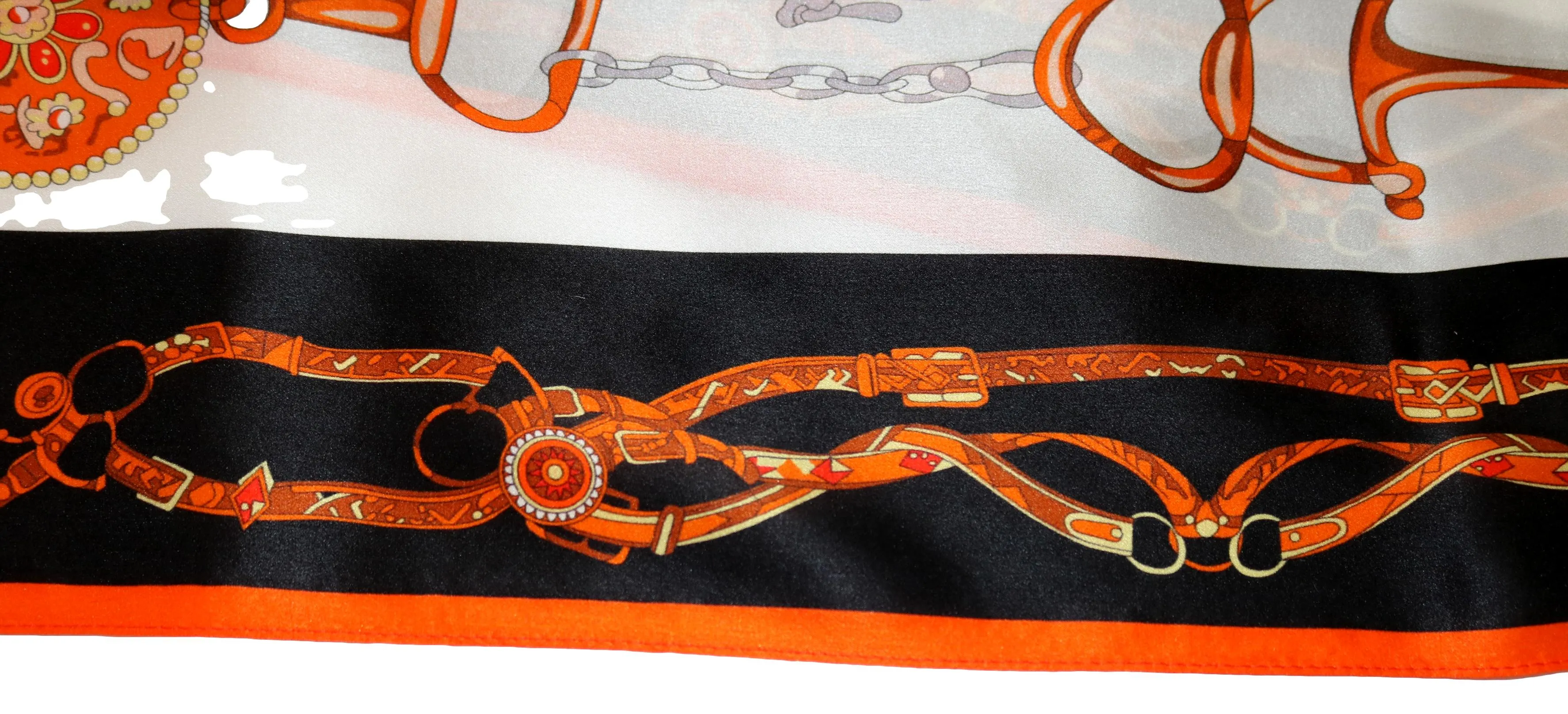 Long Charmeuse Silk Scarf Orange and Black Links Print LZD051