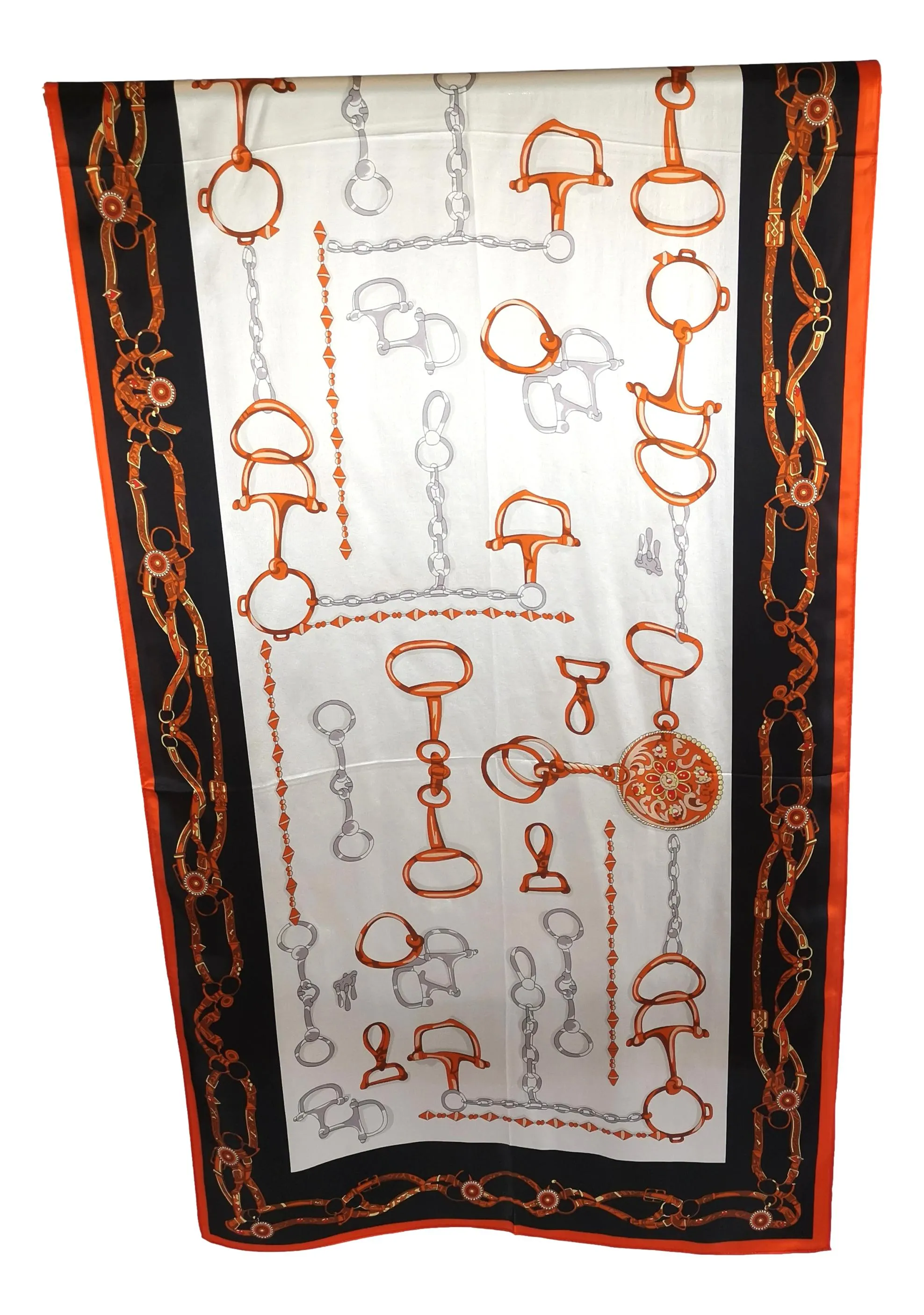 Long Charmeuse Silk Scarf Orange and Black Links Print LZD051