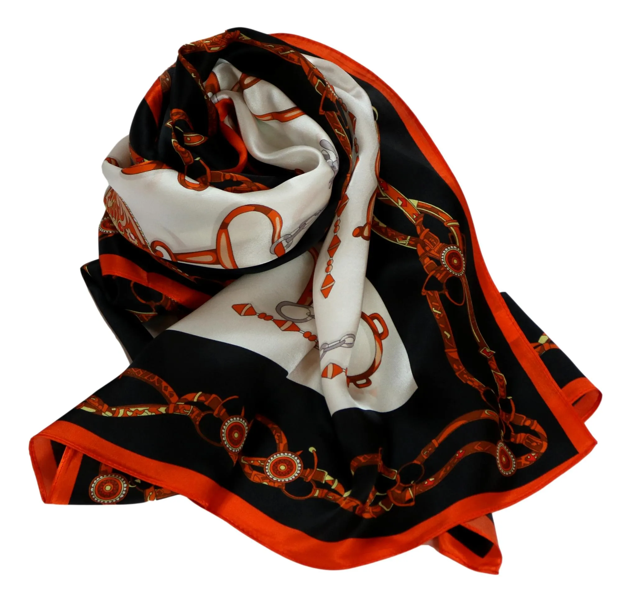 Long Charmeuse Silk Scarf Orange and Black Links Print LZD051