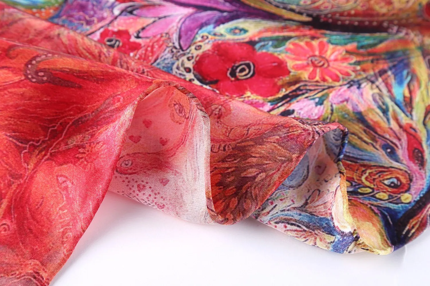 Long Charmeuse Silk Scarf Red Theme Floral and Butterfly Print DCC111