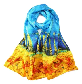 Long Charmeuse Silk Scarf with Classic Painting Blue and Gold LZD112