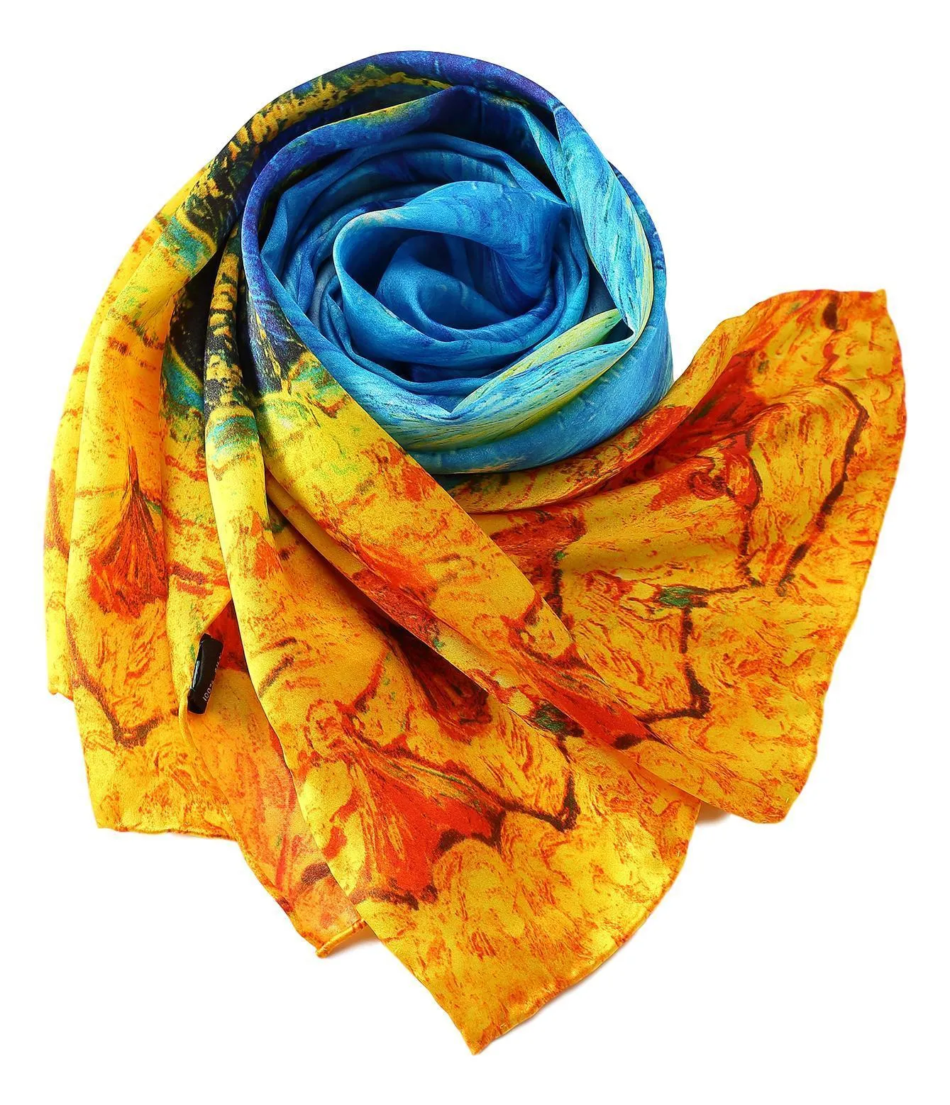 Long Charmeuse Silk Scarf with Classic Painting Blue and Gold LZD112