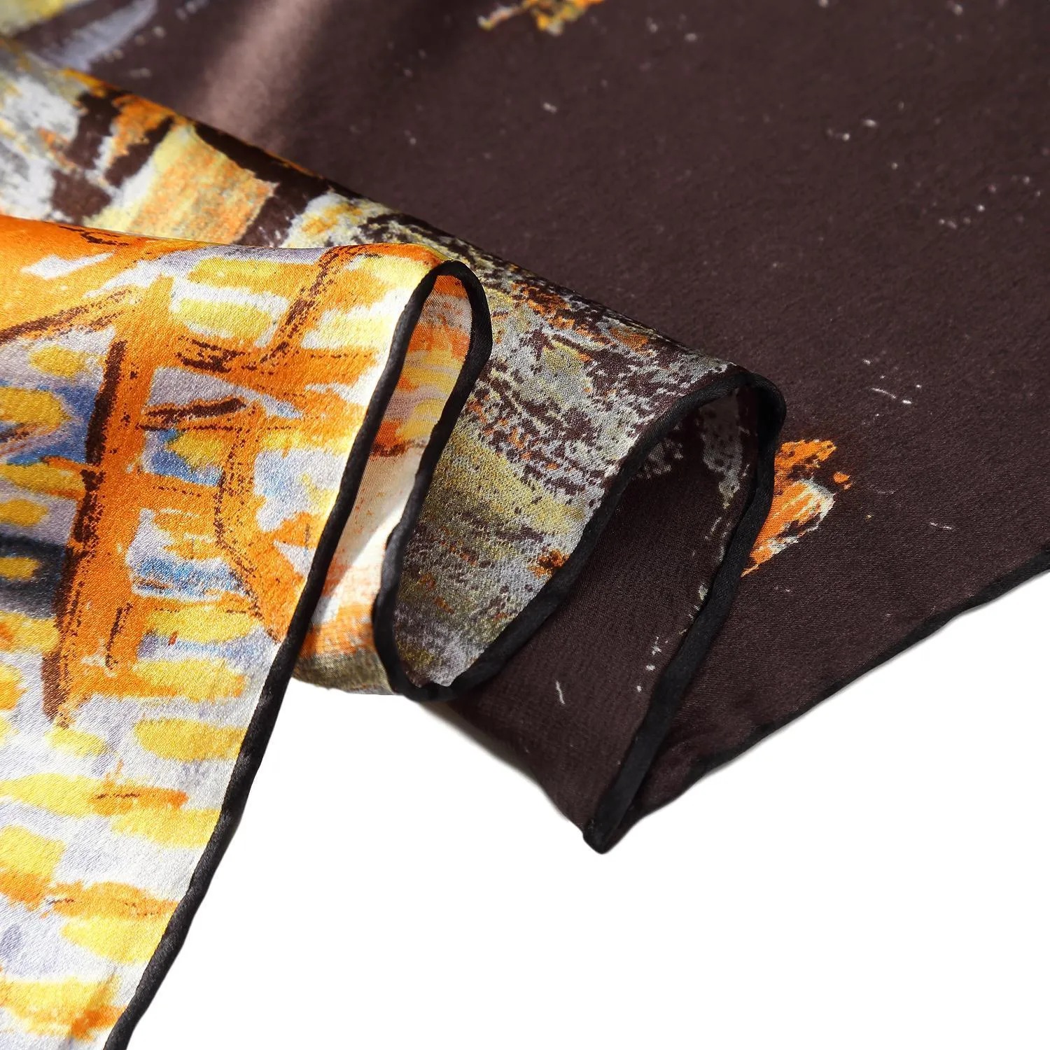 Long Charmeuse Silk Scarf with Classic Painting Brown Theme LZD114