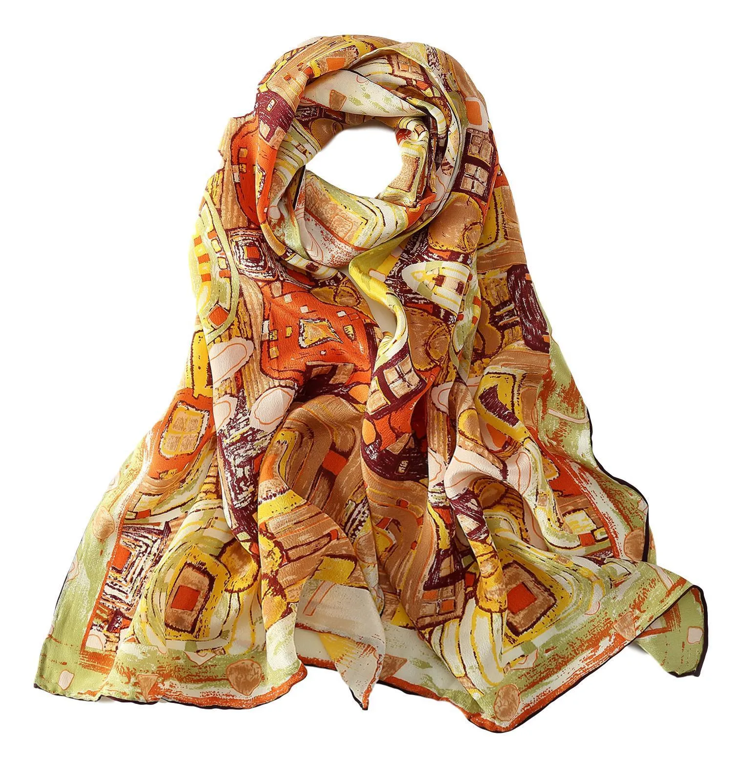 Long Crepe Silk Scarf Orange Theme Classic Painting LSZ023