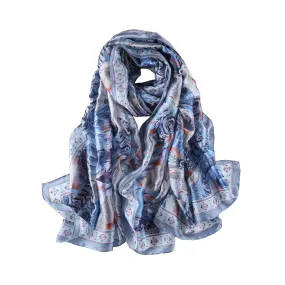 Long Silk Feel Satin Scarf Pink and Blue Theme Feathers Print LAT110