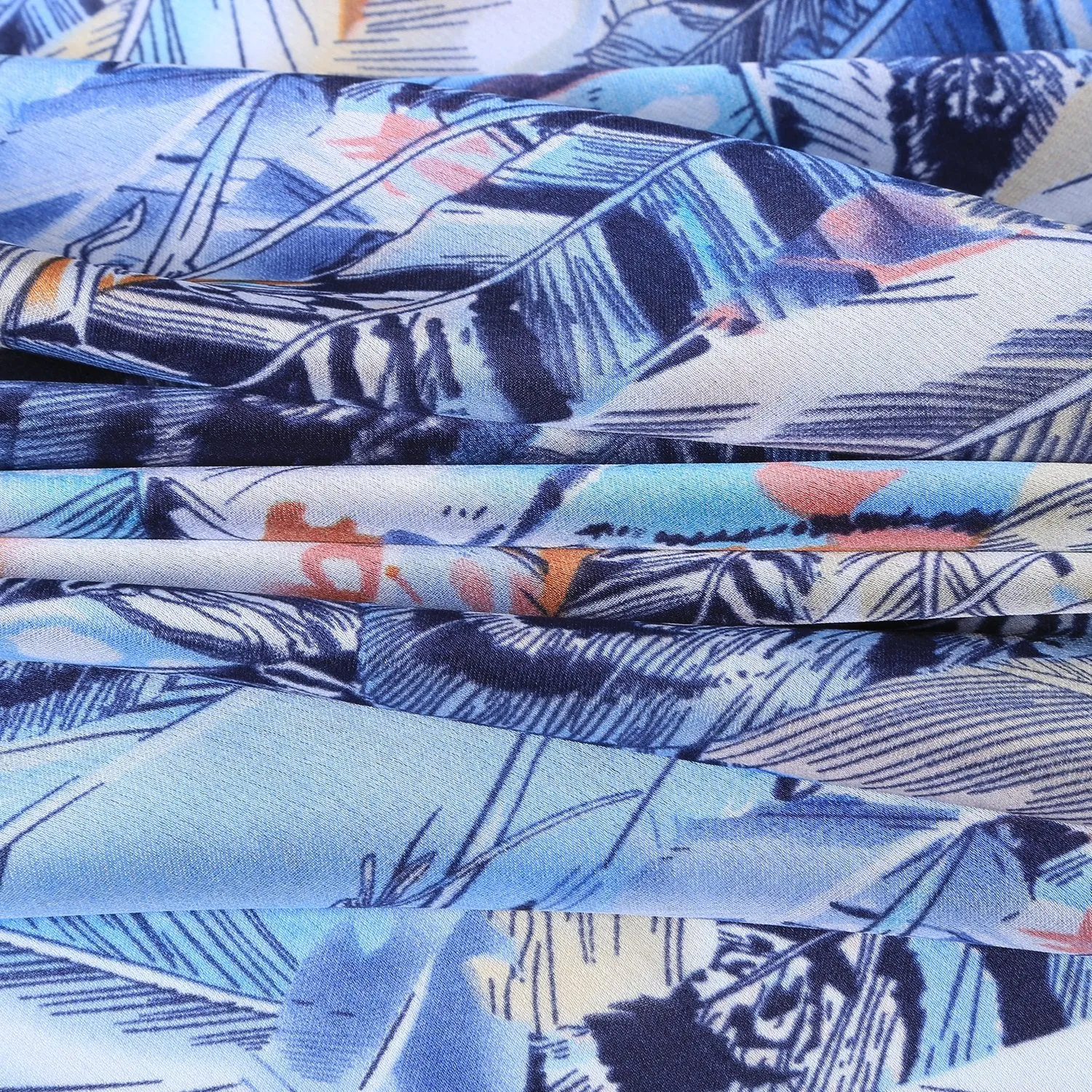 Long Silk Feel Satin Scarf Pink and Blue Theme Feathers Print LAT110