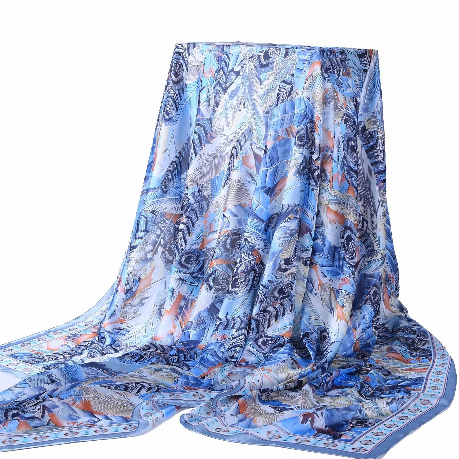 Long Silk Feel Satin Scarf Pink and Blue Theme Feathers Print LAT110