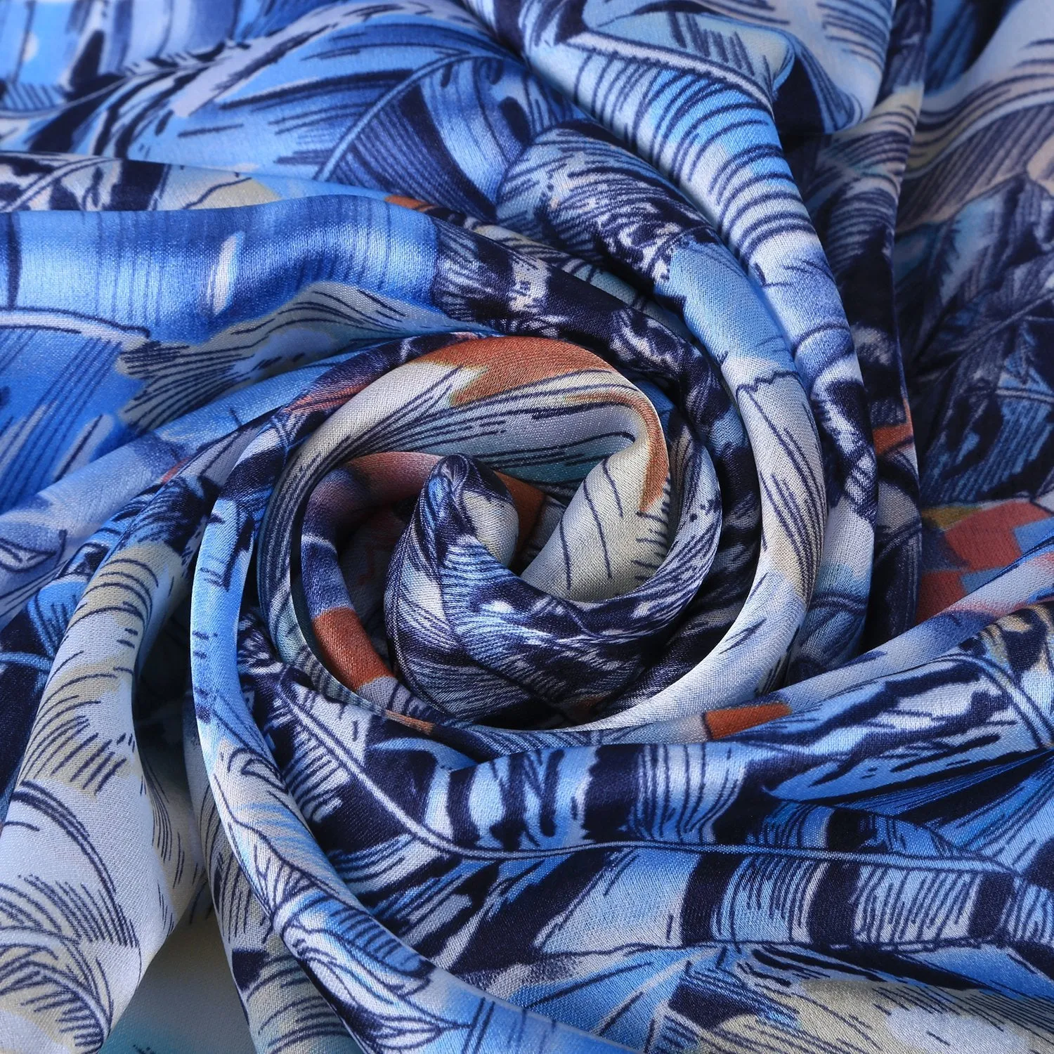 Long Silk Feel Satin Scarf Pink and Blue Theme Feathers Print LAT110