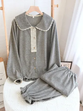 Long Sleeve Collared Panel Lace Pajama Set