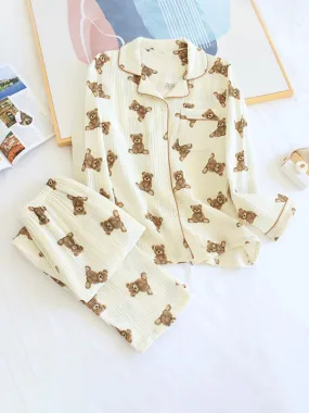 Long Sleeve Cotton Bear Print Crepe Pajamas