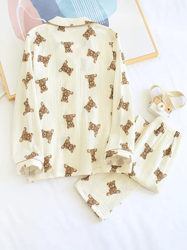 Long Sleeve Cotton Bear Print Crepe Pajamas