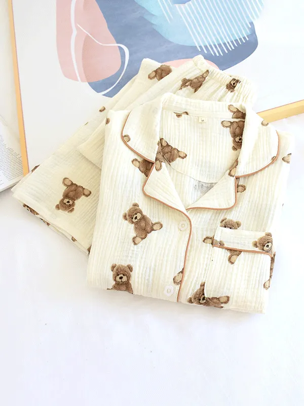 Long Sleeve Cotton Bear Print Crepe Pajamas