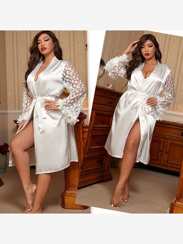 Long Sleeve Lace Silk Satin Bathrobe Pamajas