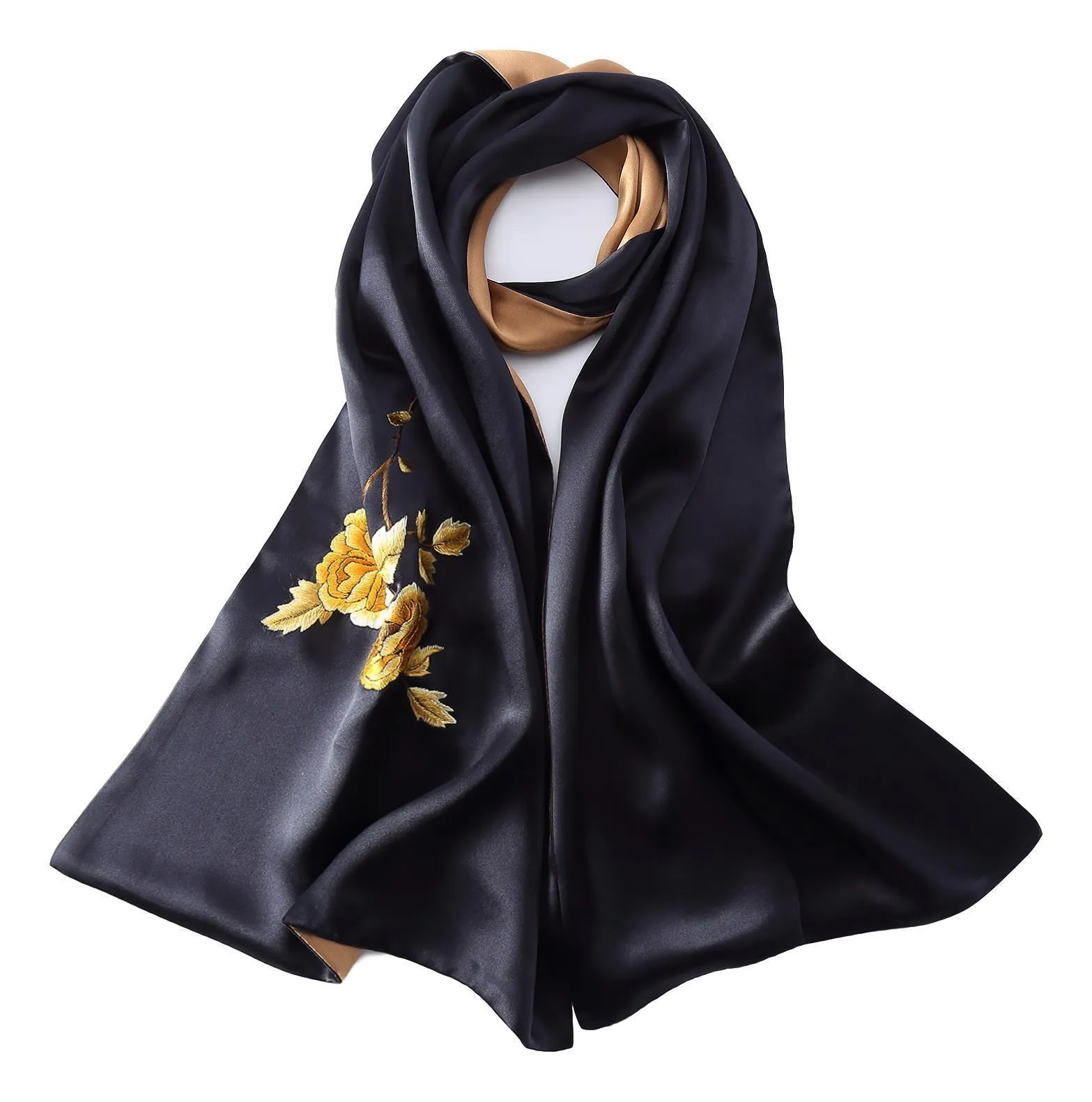 Luxurious Extra Heavy Charmeuse Silk Scarf with Hand Embroidery EMB001