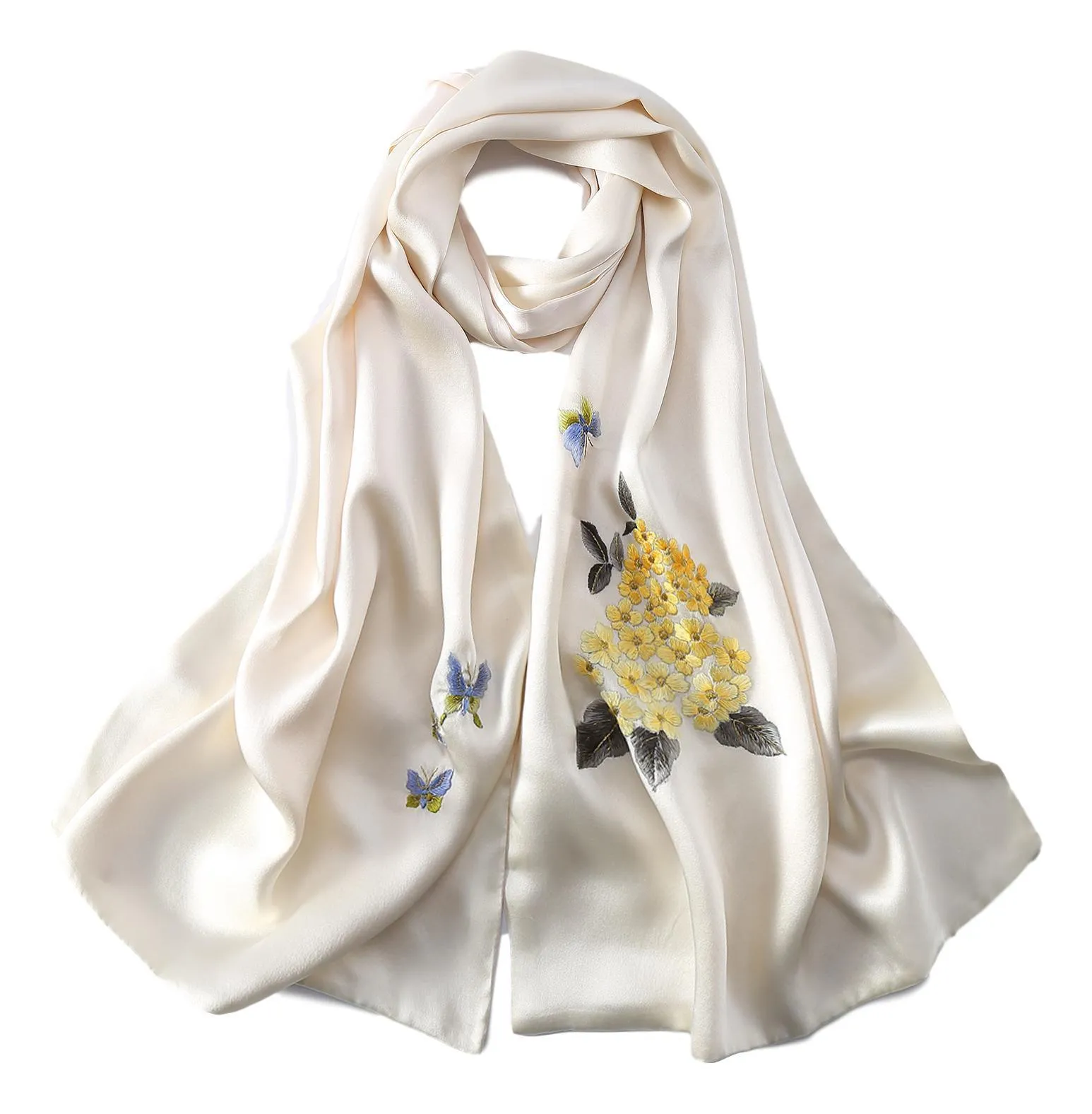 Luxurious Extra Heavy Charmeuse Silk Scarf with Hand Embroidery Ivory EMB003