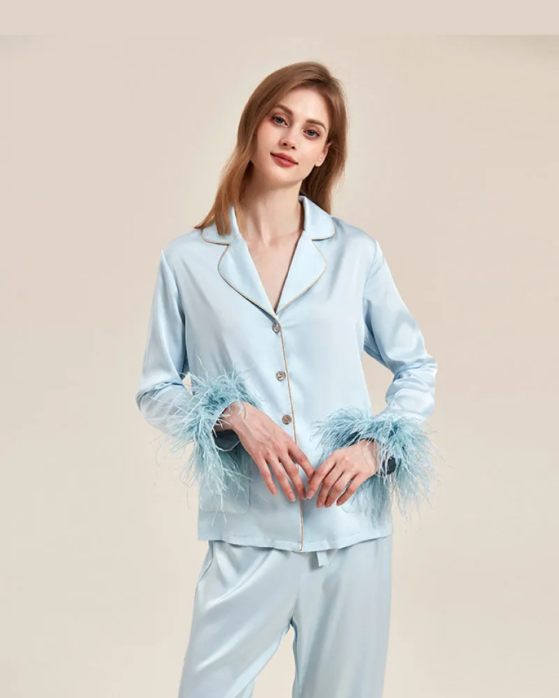 Luxury Detachable Ostrich-Feather Ice Silk Pajama