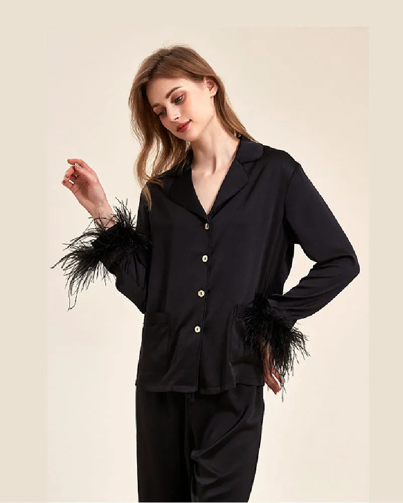 Luxury Detachable Ostrich-Feather Ice Silk Pajama