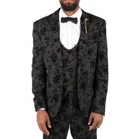 Mens Black 3 Piece Suit Paisley Velvet Wedding Grrom Best Man Tailored Fit