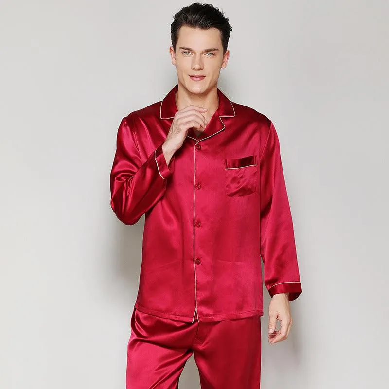 Men's Luxury Silk Sleepwear 100% Silk Sleeve Pajamas Set Long Silk Nightwear