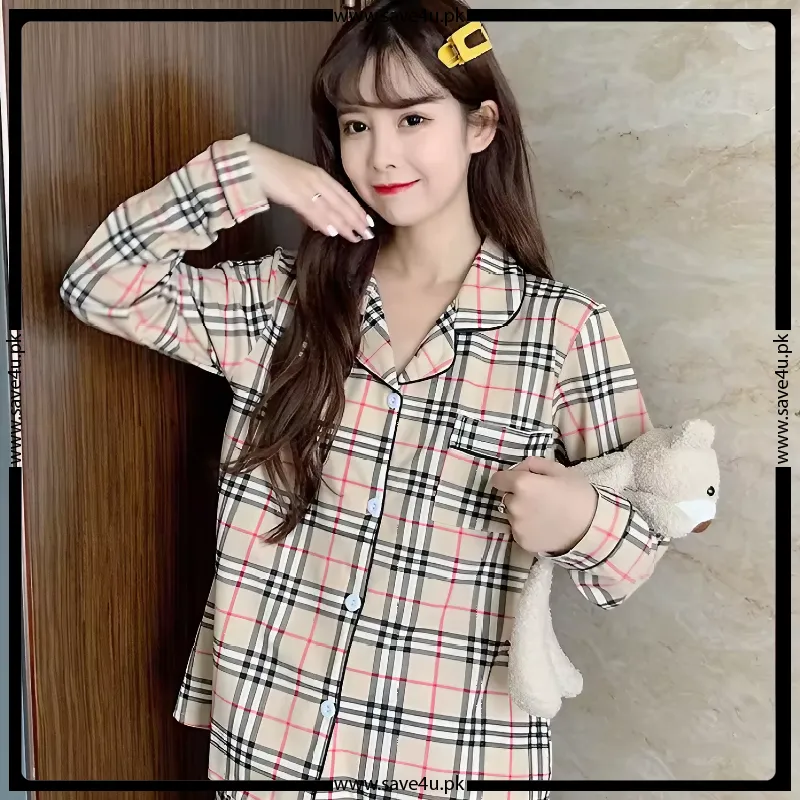 Norch Collar Check Design Full Sleeves Summer's Pajama Set