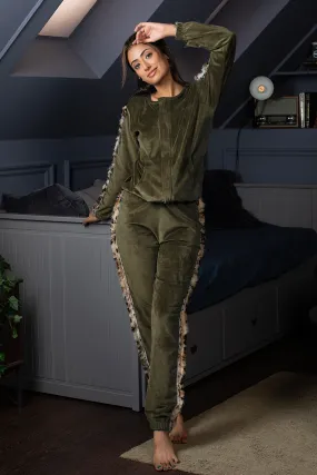 Olive Velvet Track suit with Fur detail