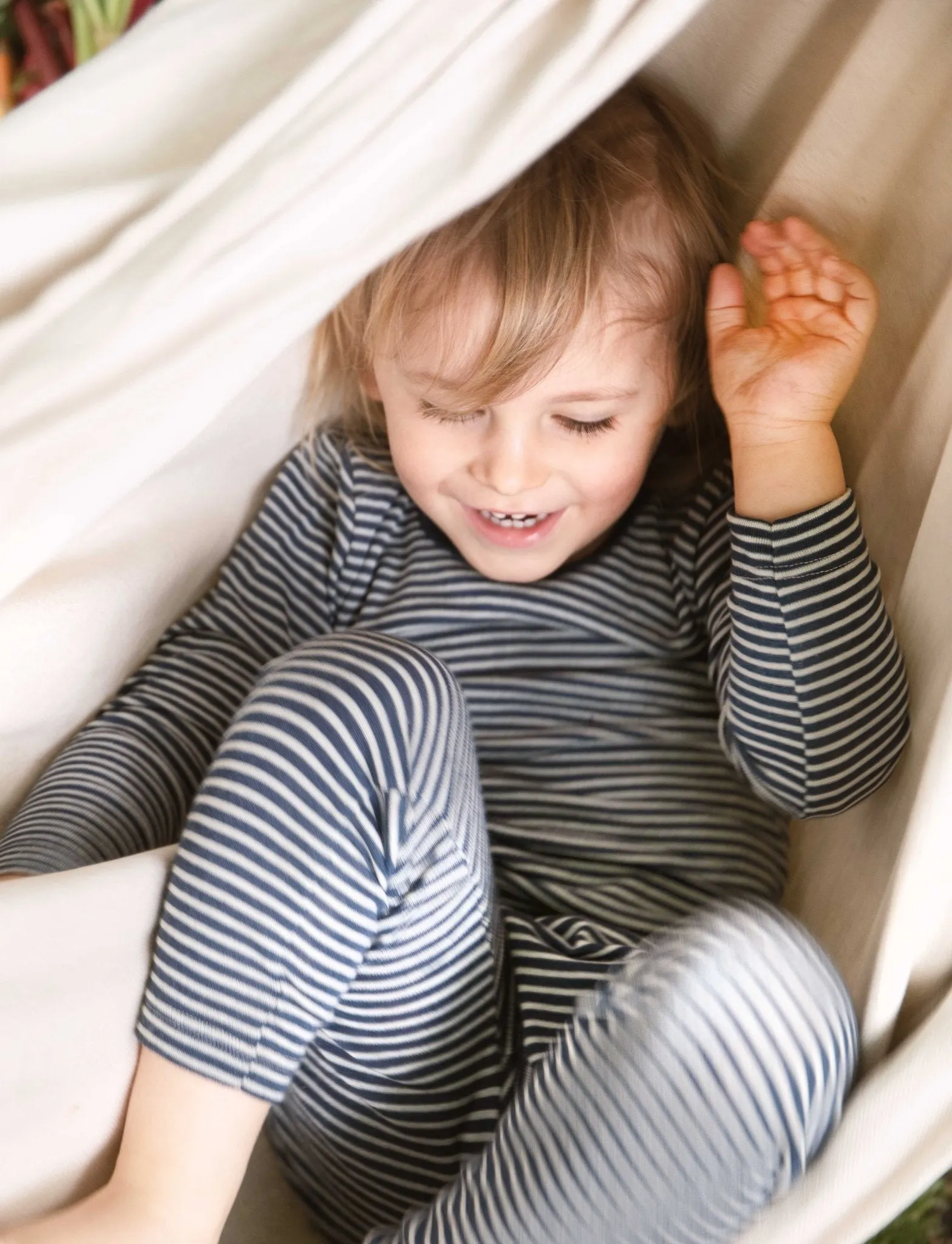 organic merino wool and silk kids leggings - navy/natural stripe