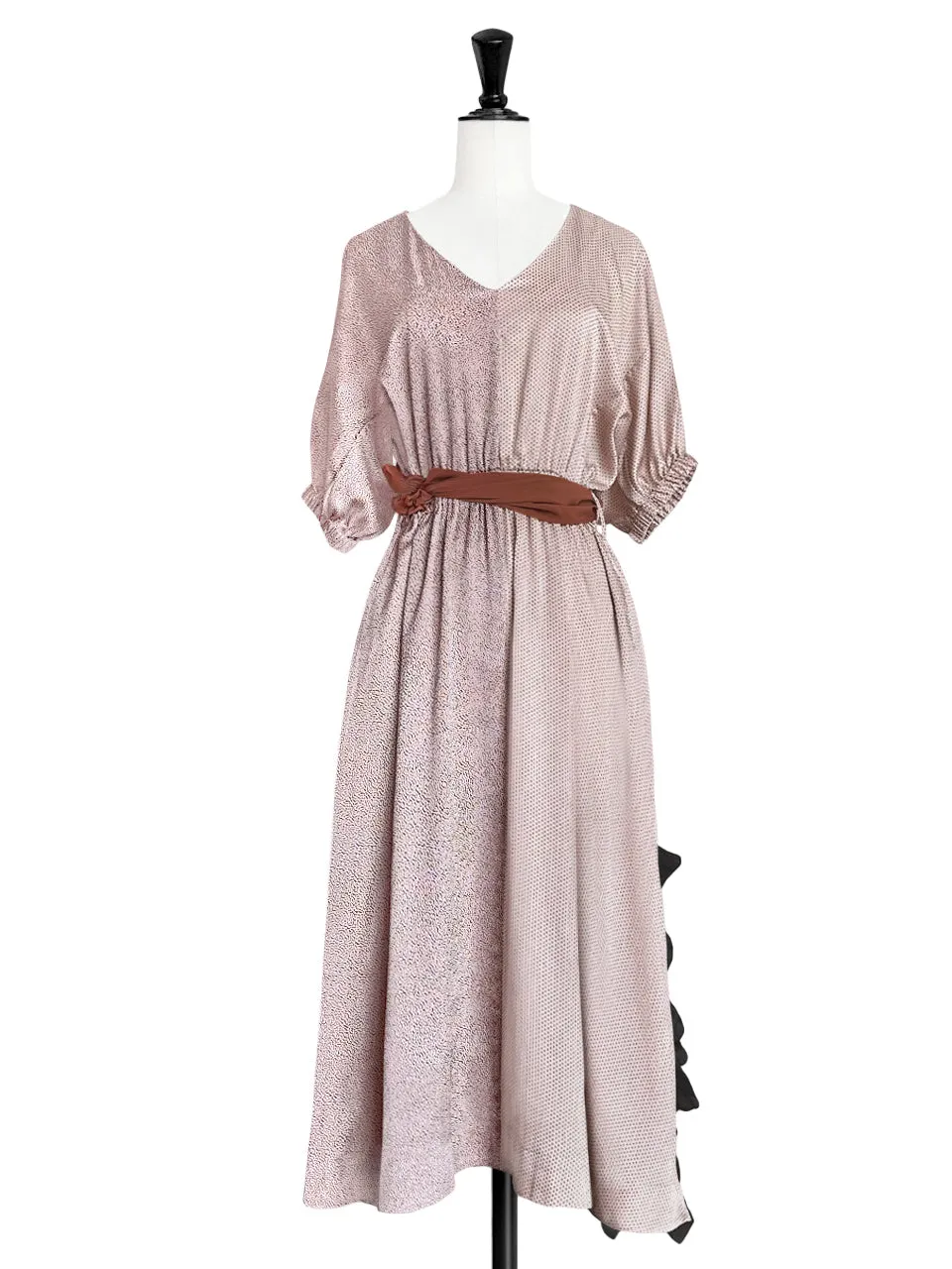 Pink Ruffle Side Slit V-Neck Dress w/Removable Silky Scarf