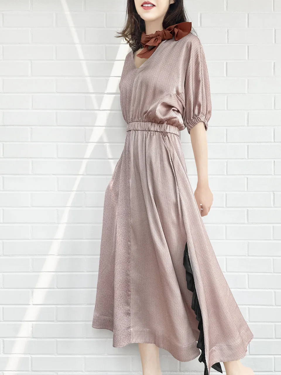 Pink Ruffle Side Slit V-Neck Dress w/Removable Silky Scarf