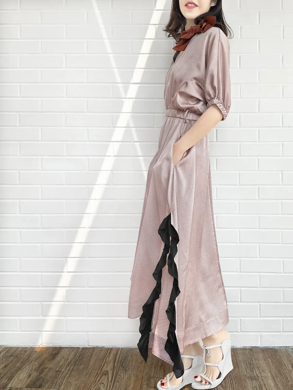 Pink Ruffle Side Slit V-Neck Dress w/Removable Silky Scarf