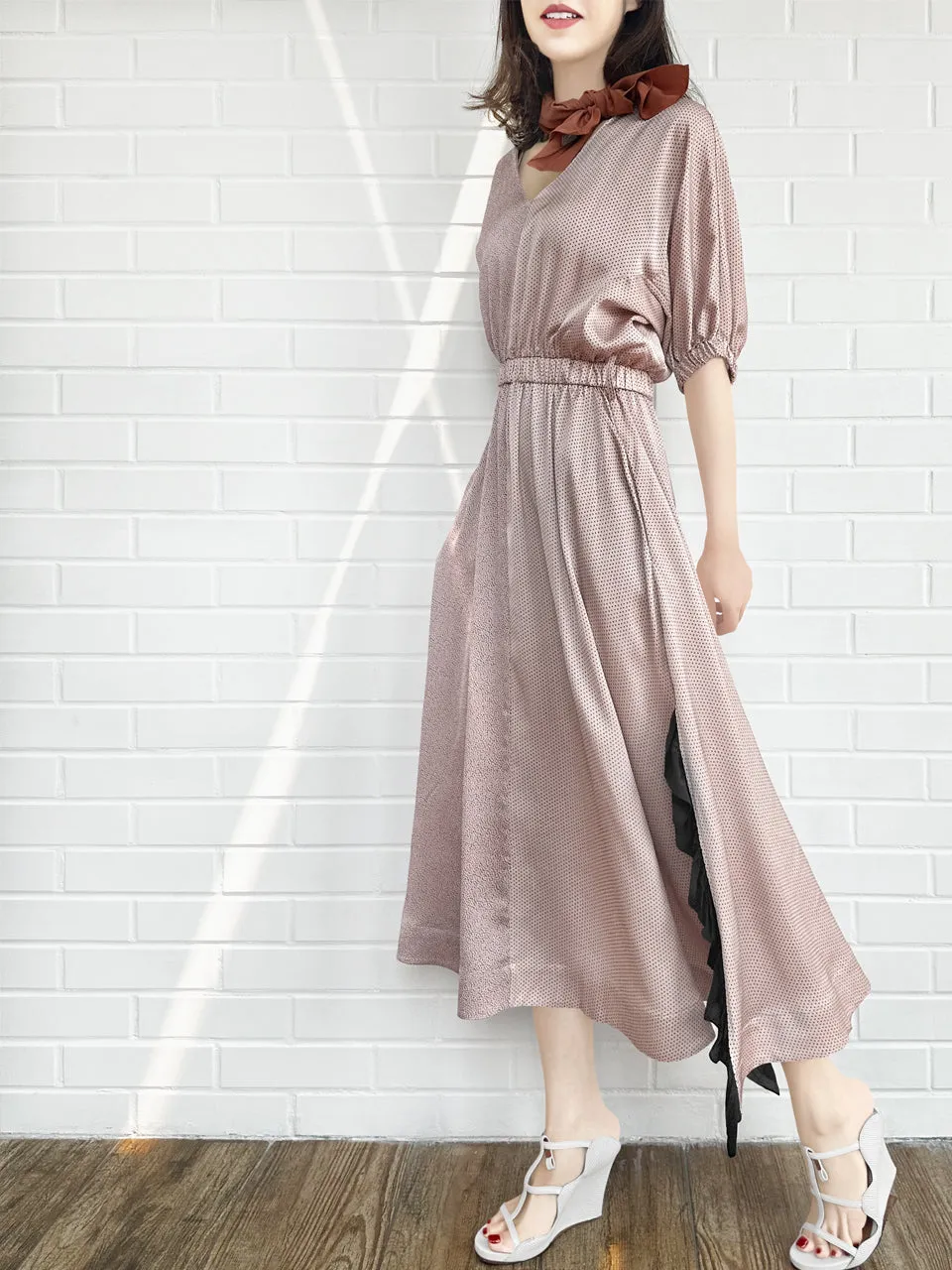 Pink Ruffle Side Slit V-Neck Dress w/Removable Silky Scarf