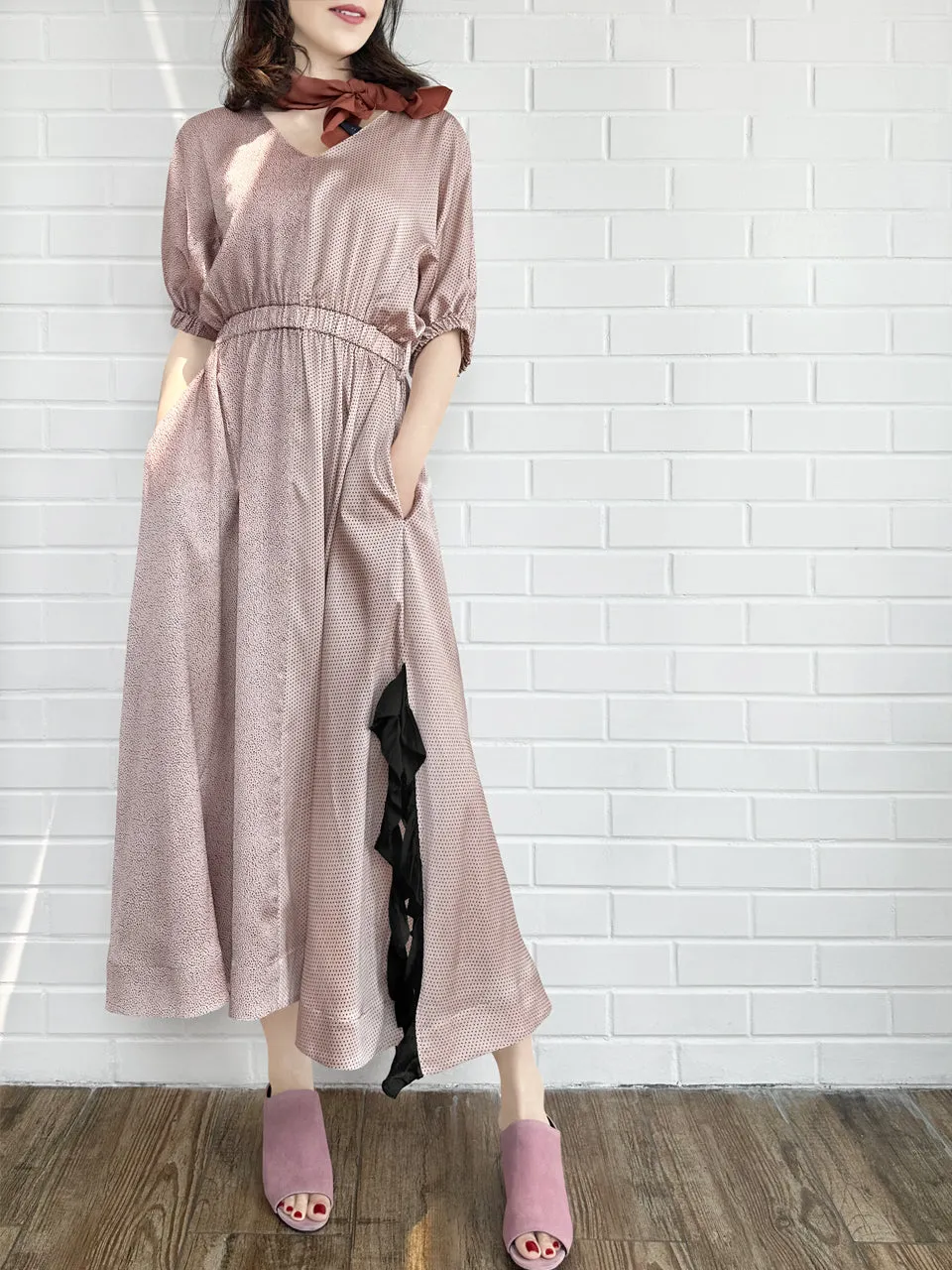 Pink Ruffle Side Slit V-Neck Dress w/Removable Silky Scarf