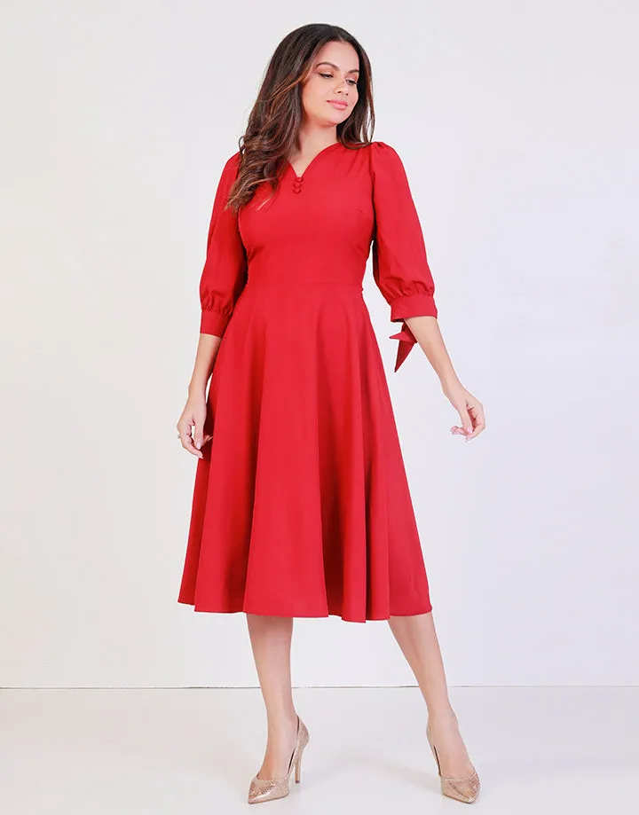 Plain Flared Dress with Knotted Sleeves