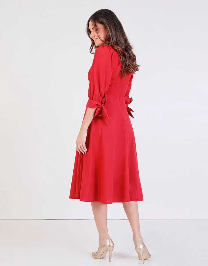 Plain Flared Dress with Knotted Sleeves