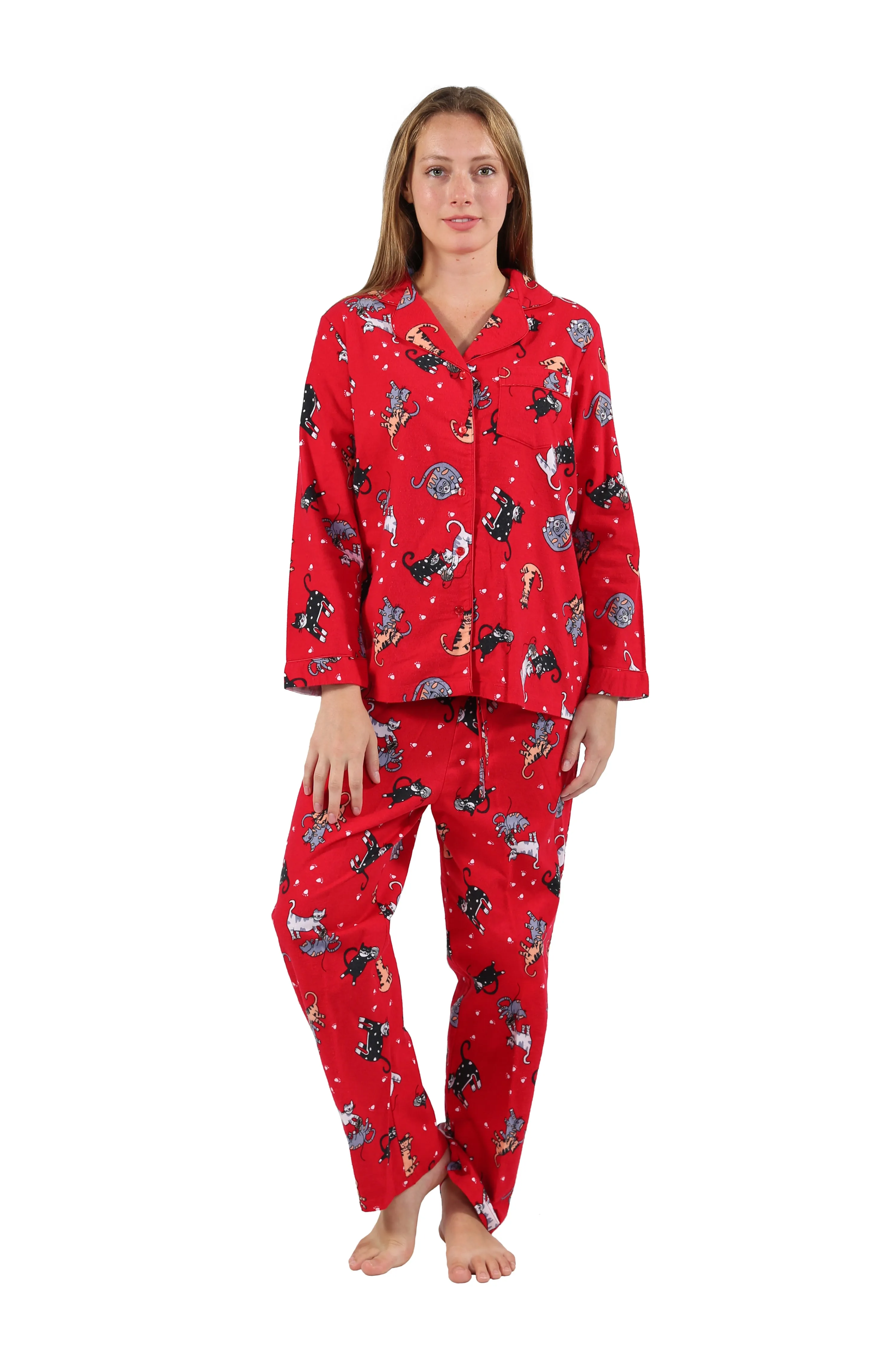 Red Flannel Cat Print Pajama Set