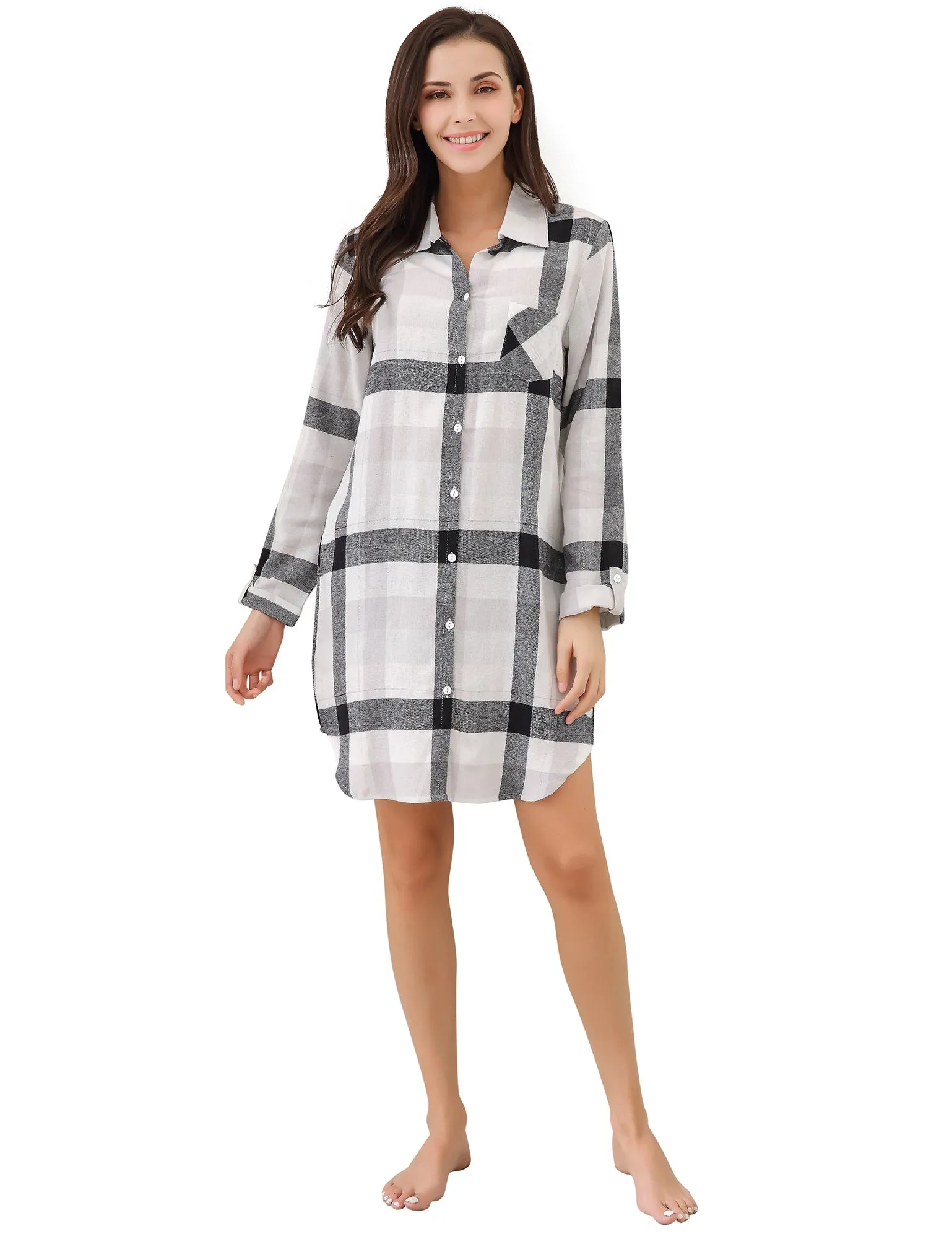 RH Women's Sexy Nightgown Long Sleeve Plaid Cotton Pajama Dress Lounge RHW2870