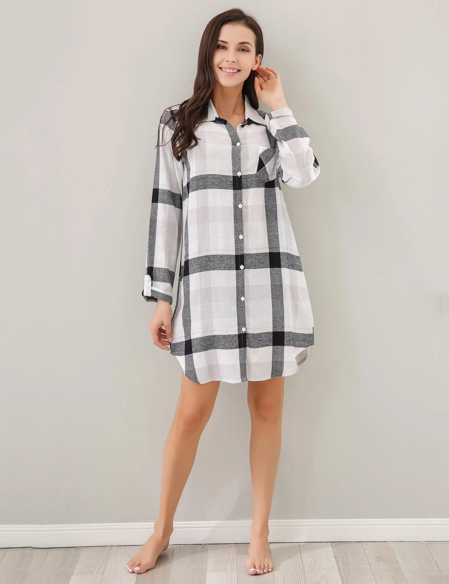 RH Women's Sexy Nightgown Long Sleeve Plaid Cotton Pajama Dress Lounge RHW2870