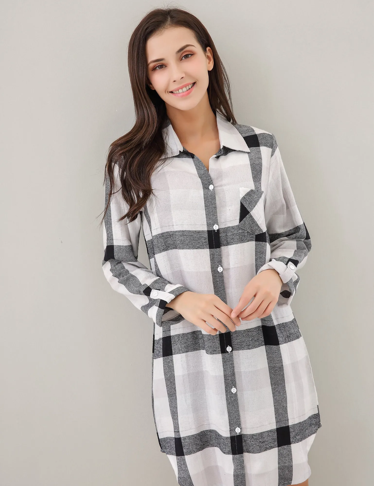 RH Women's Sexy Nightgown Long Sleeve Plaid Cotton Pajama Dress Lounge RHW2870