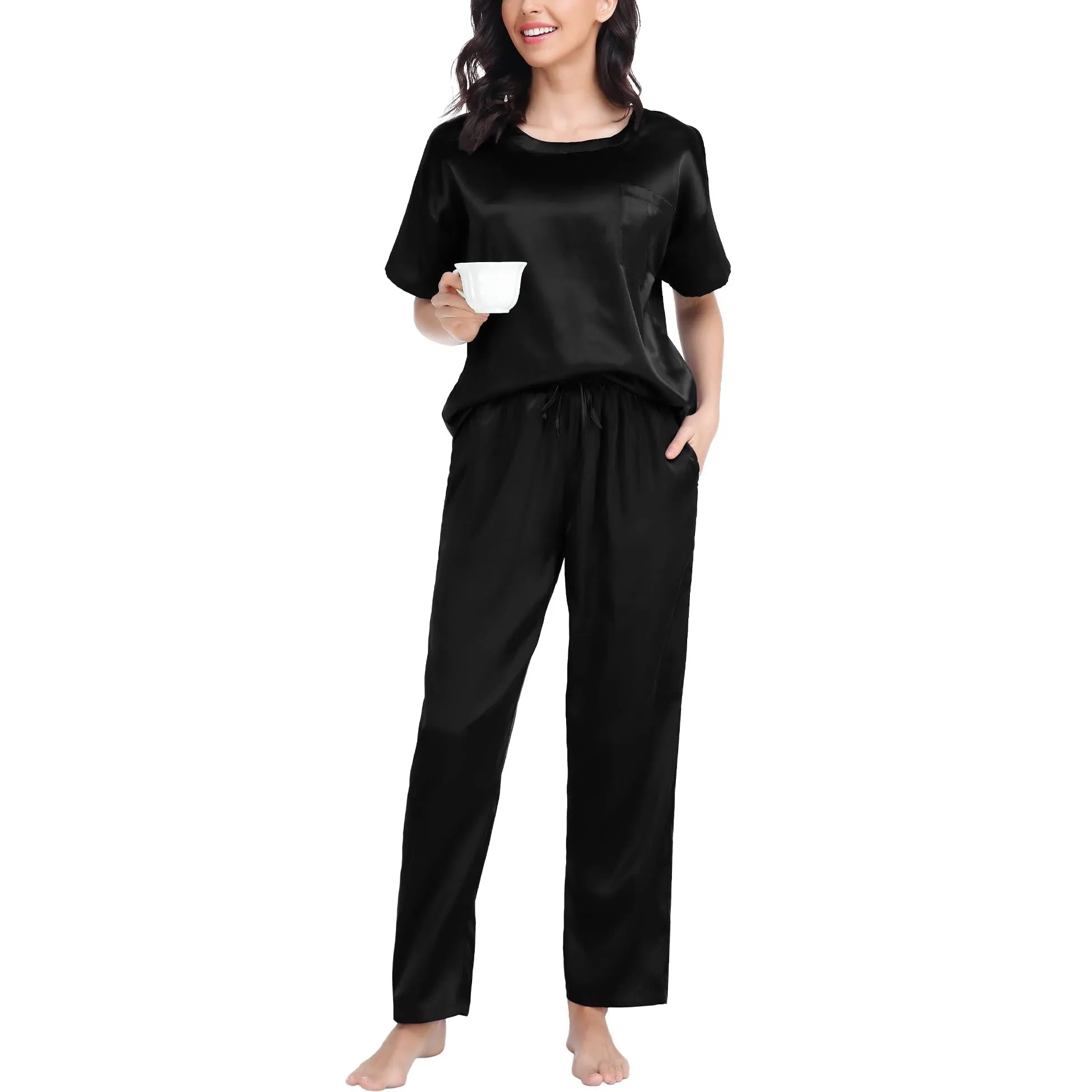 Round Neck Women's Silk Pajamas Set  Silk Sleepwear