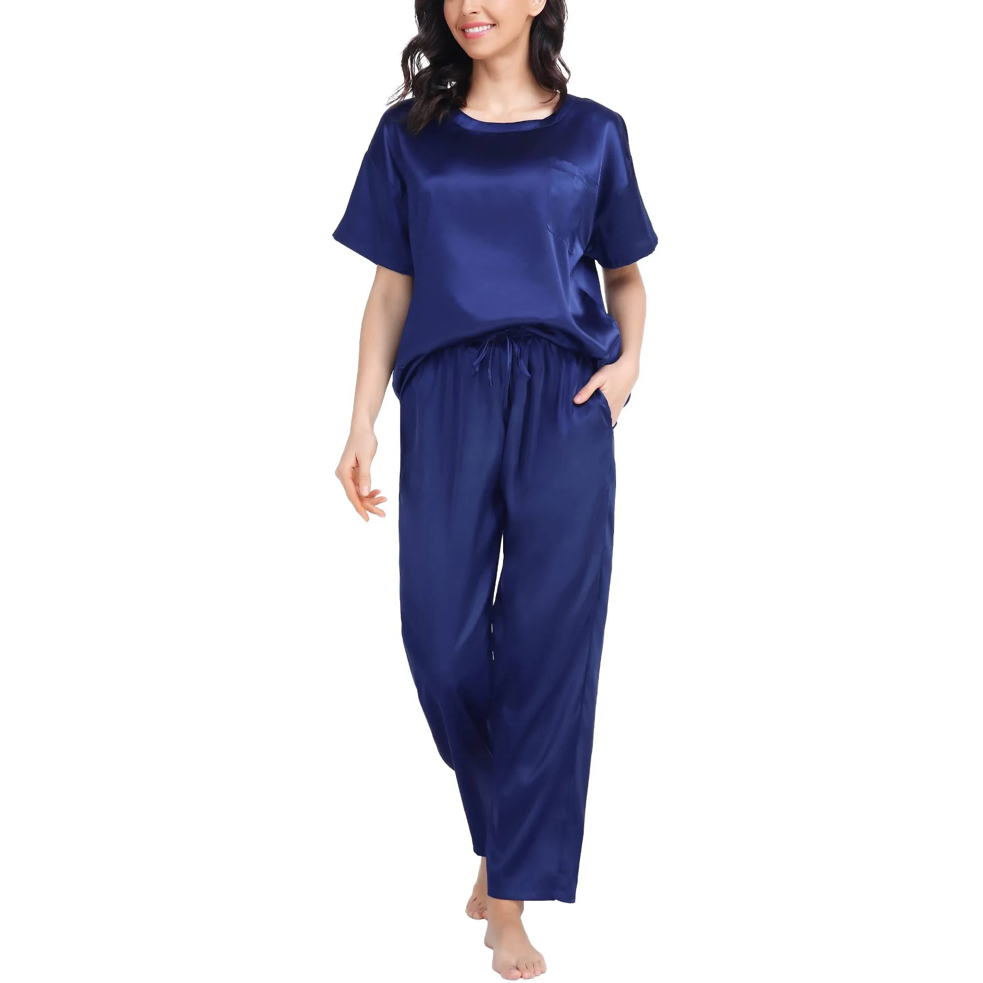 Round Neck Women's Silk Pajamas Set  Silk Sleepwear