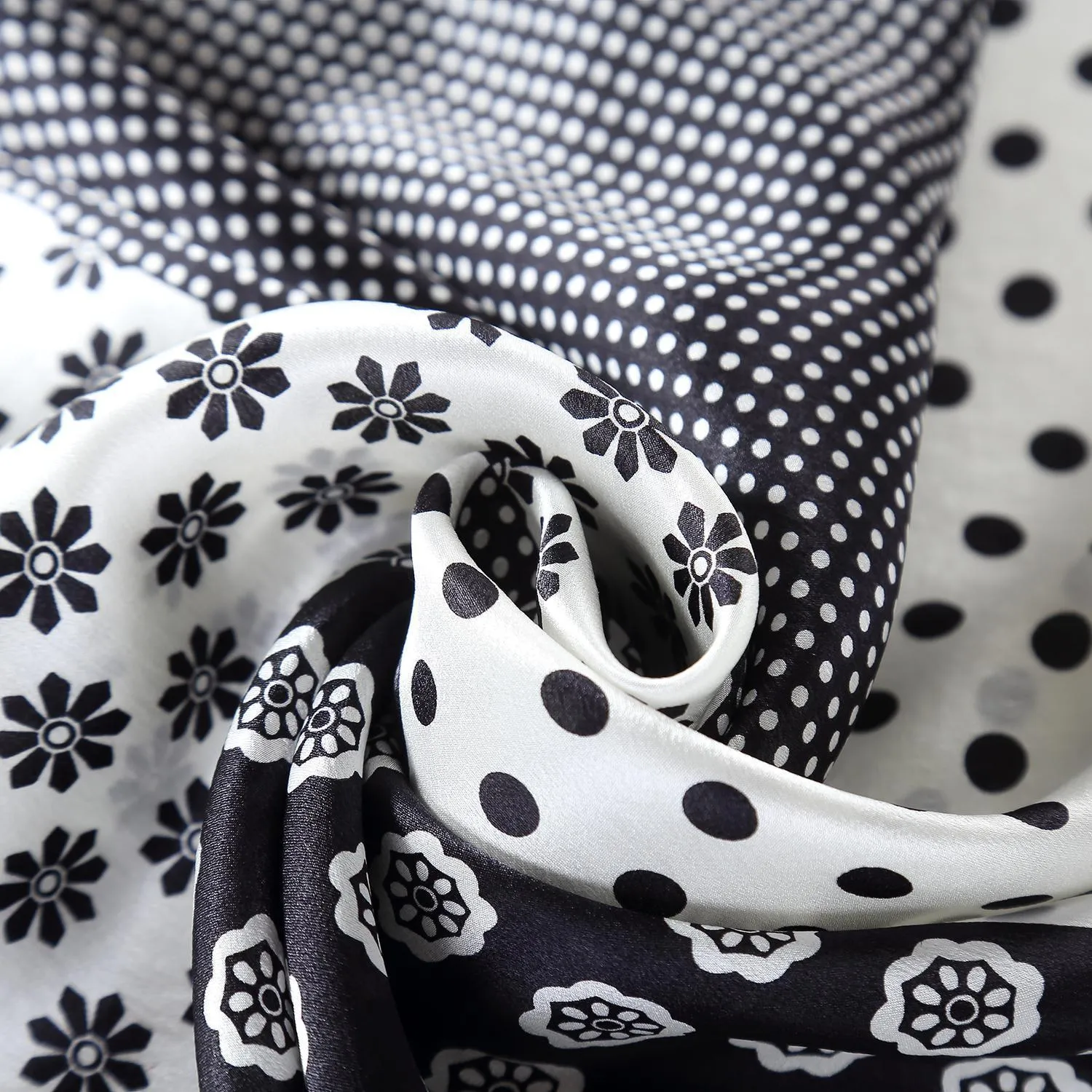 Silk Neckerchief Small Square Silk Scarf Black and White Polka Dot Print XFJ234