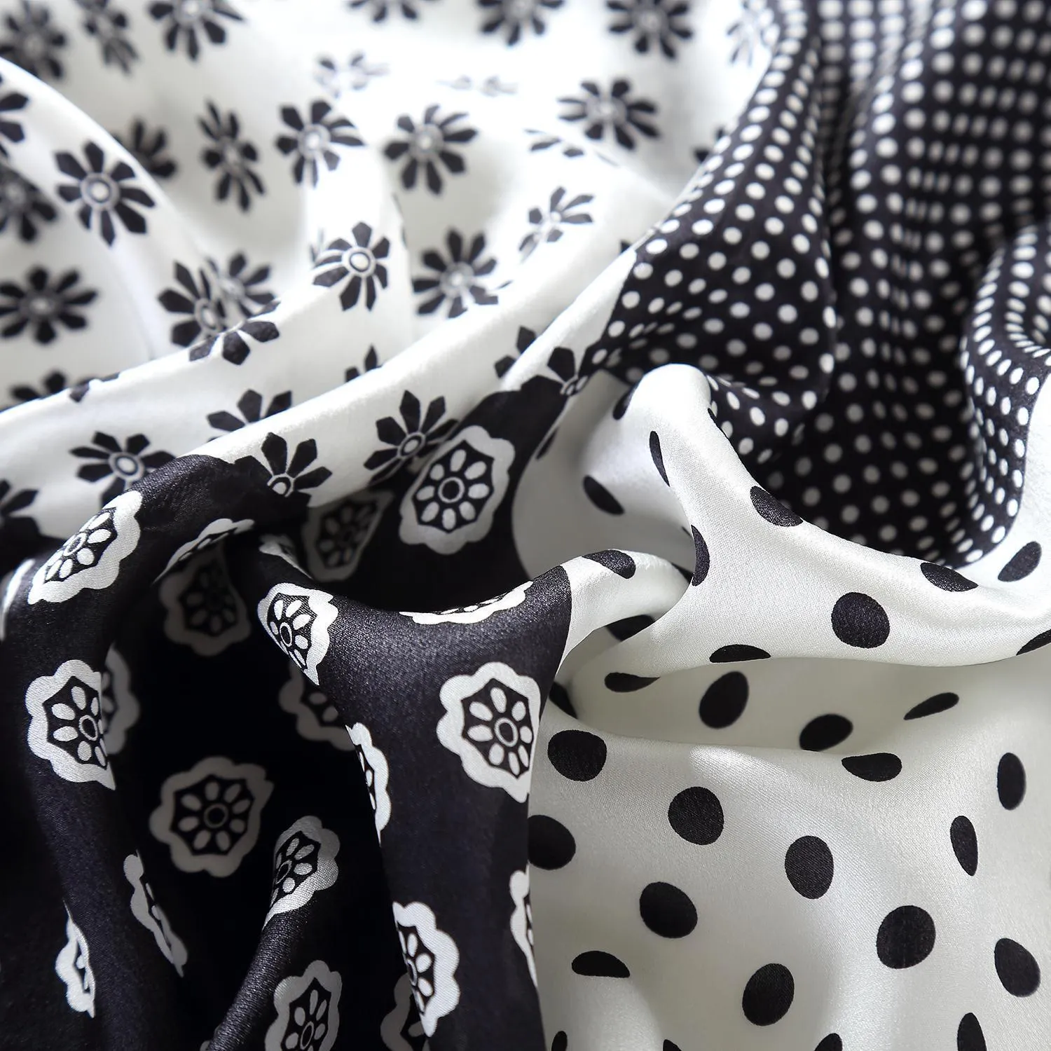 Silk Neckerchief Small Square Silk Scarf Black and White Polka Dot Print XFJ234