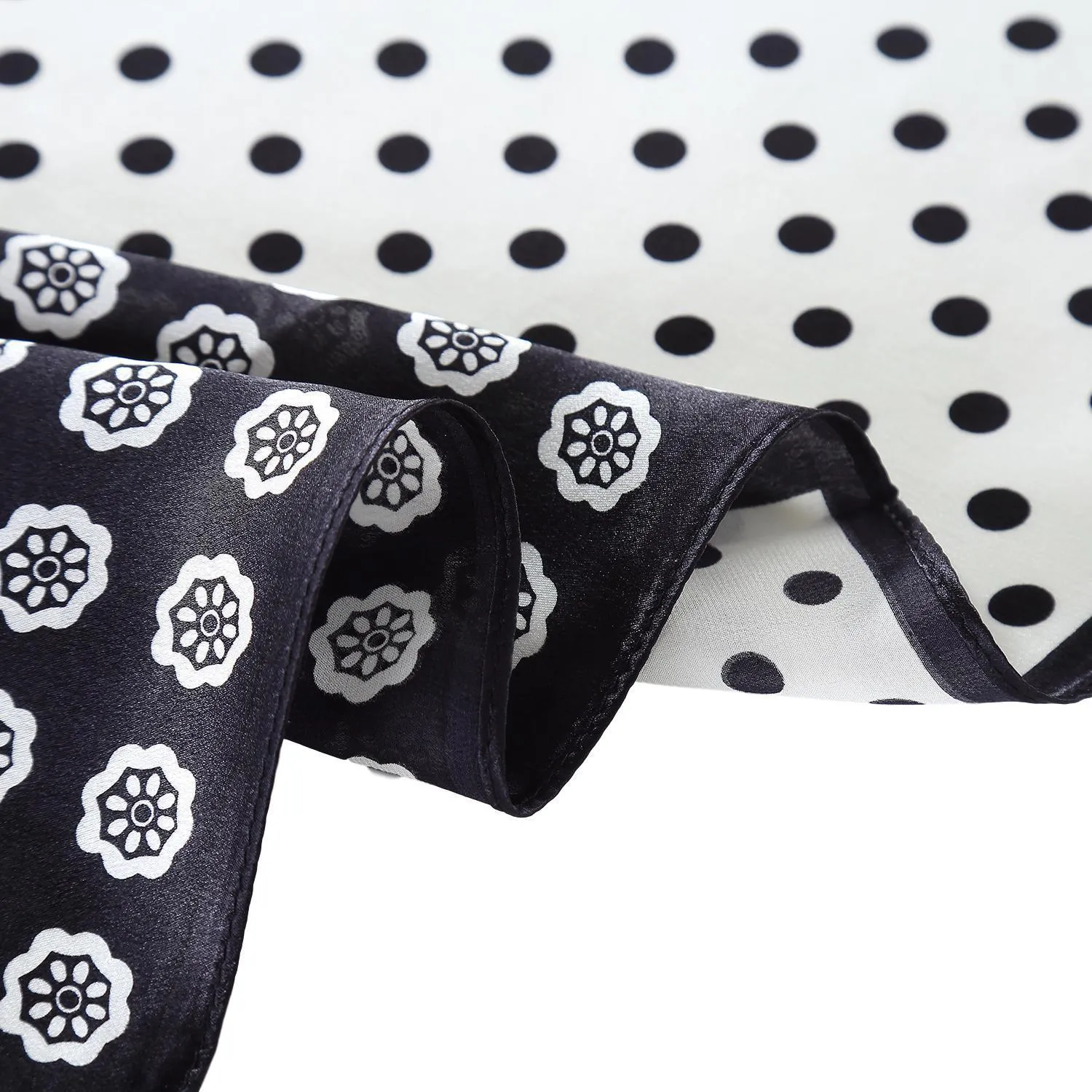 Silk Neckerchief Small Square Silk Scarf Black and White Polka Dot Print XFJ234