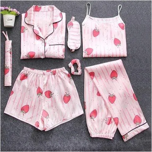 Sleepwear 7 Pieces Pyjama Set Women Autumn Winter Sexy Pajamas Sets Sleep Suits Soft Sweet Cute Nightwear Gift Home Clothes