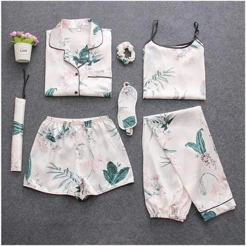 Sleepwear 7 Pieces Pyjama Set Women Autumn Winter Sexy Pajamas Sets Sleep Suits Soft Sweet Cute Nightwear Gift Home Clothes