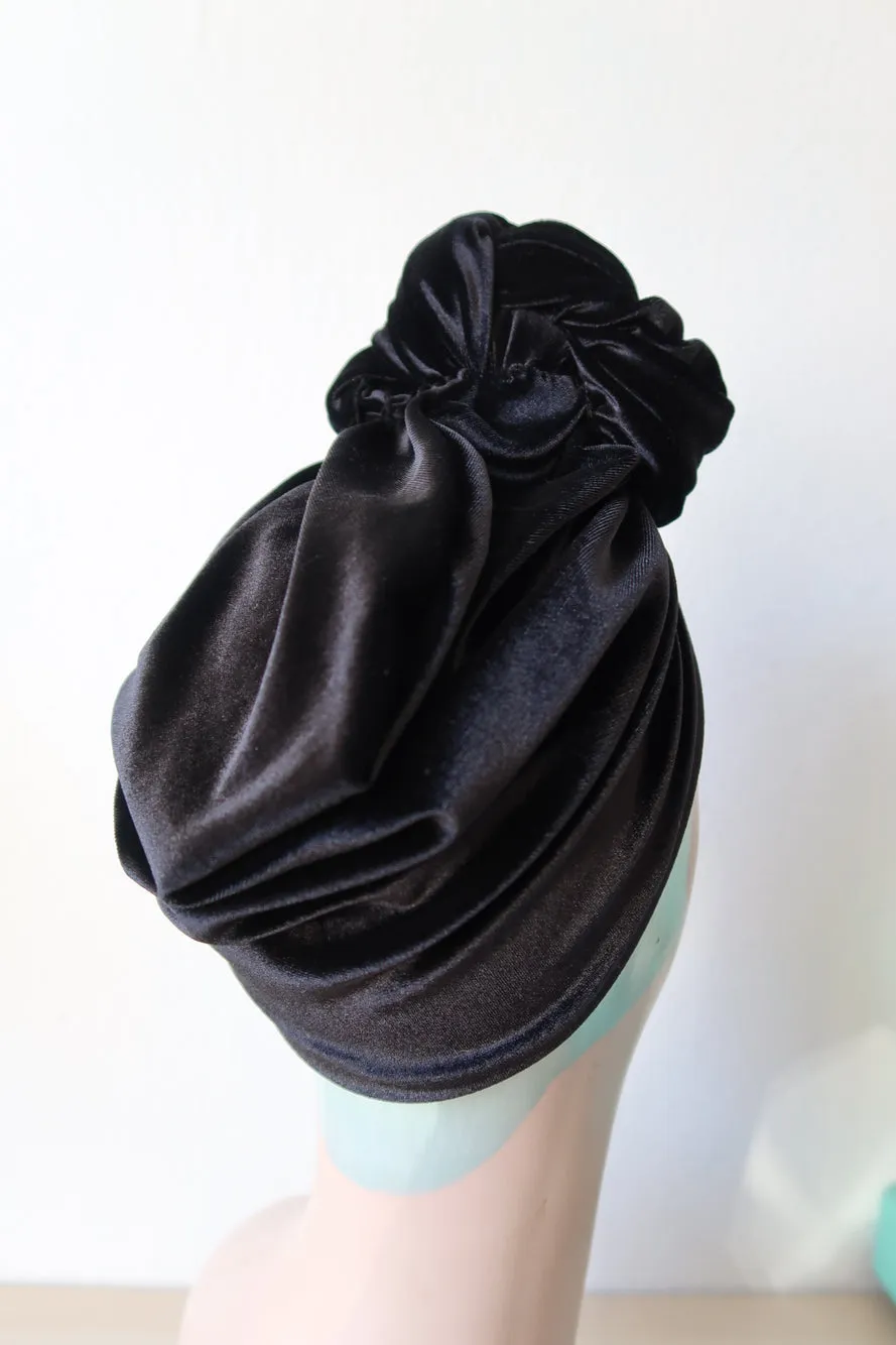 SMALL KNOT Velvet Pre-tied Stretchy 1940s Style Turban (Full Coverage) in 4 Colours (made to order)