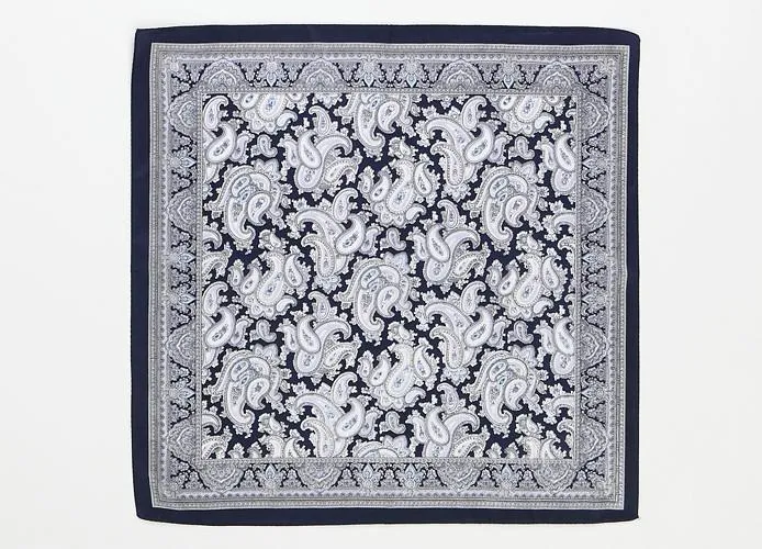 Small Square Silk Satin Scarf Navy Theme Paisley Pattern XFJ206